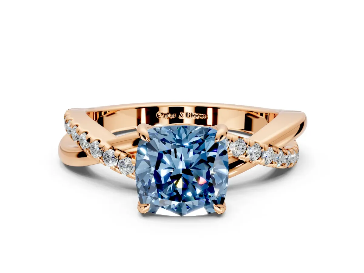 Crossover Engagement Ring Setting for Fancy Blue Cushion Cut Center with Pave and Plain Strands and Prong Head in Rose Gold