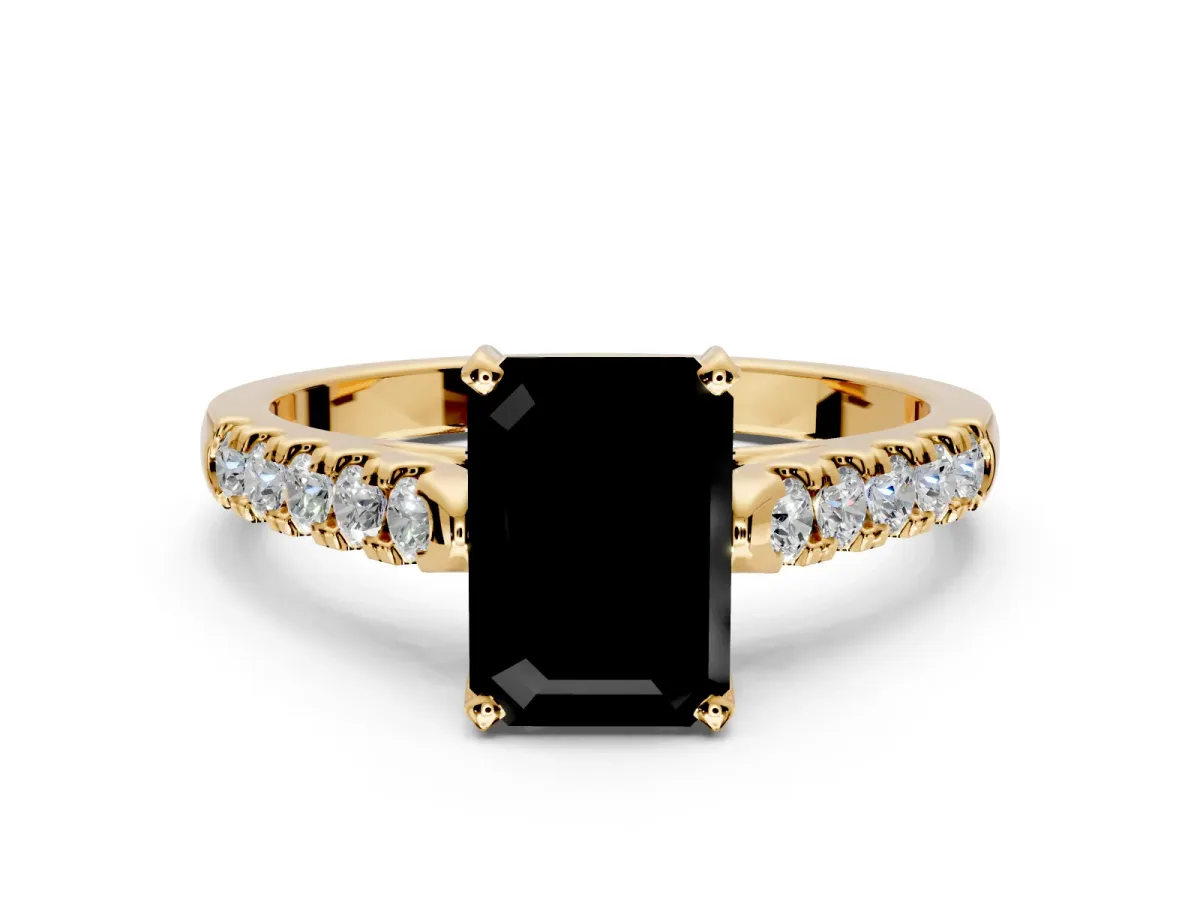 Solitaire Engagement Ring Setting for Fancy Black Emerald Cut Center with Partway Pave Band and Prong Head in Yellow Gold