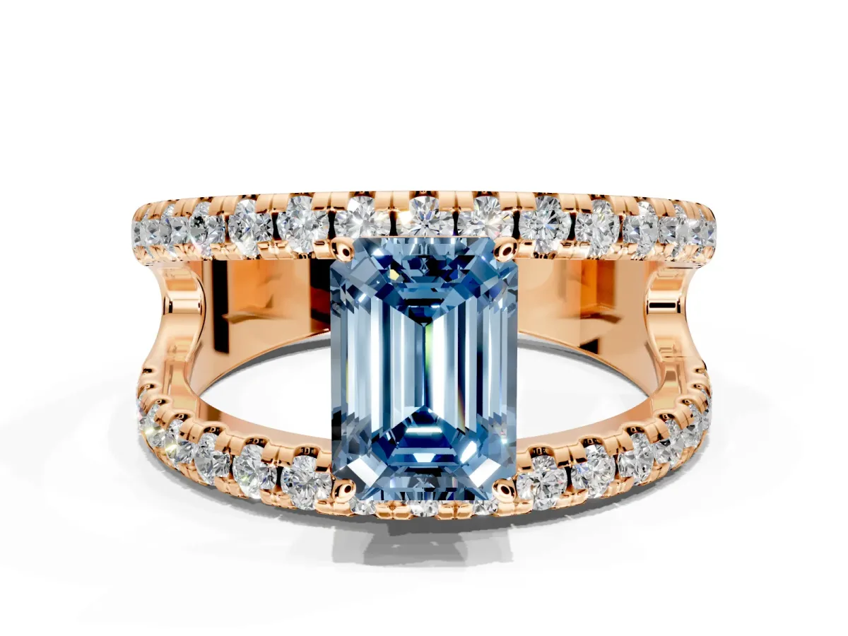 Solitaire Engagement Ring Setting for Fancy Blue Emerald Cut Center with Wide-Open Split Shank and Prong Head in Rose Gold