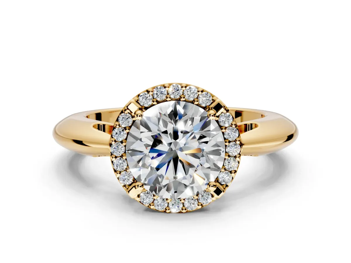 Halo Engagement Ring Setting for Round Cut Center with Tapered Plain Band and Prong Head in Yellow Gold