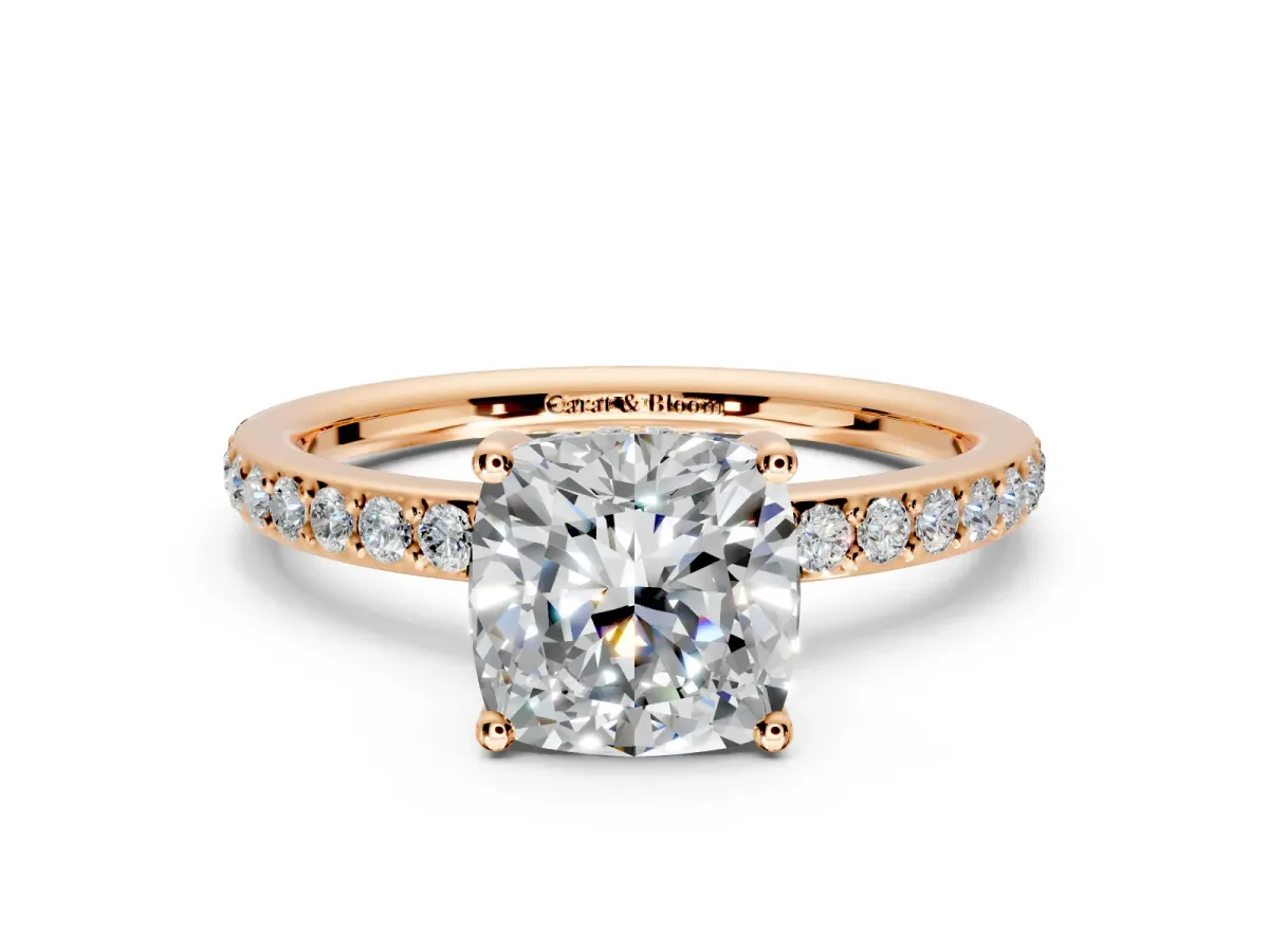 Solitaire Engagement Ring Setting for Cushion Cut Center with Fine Pave Band and Prong Head in Rose Gold