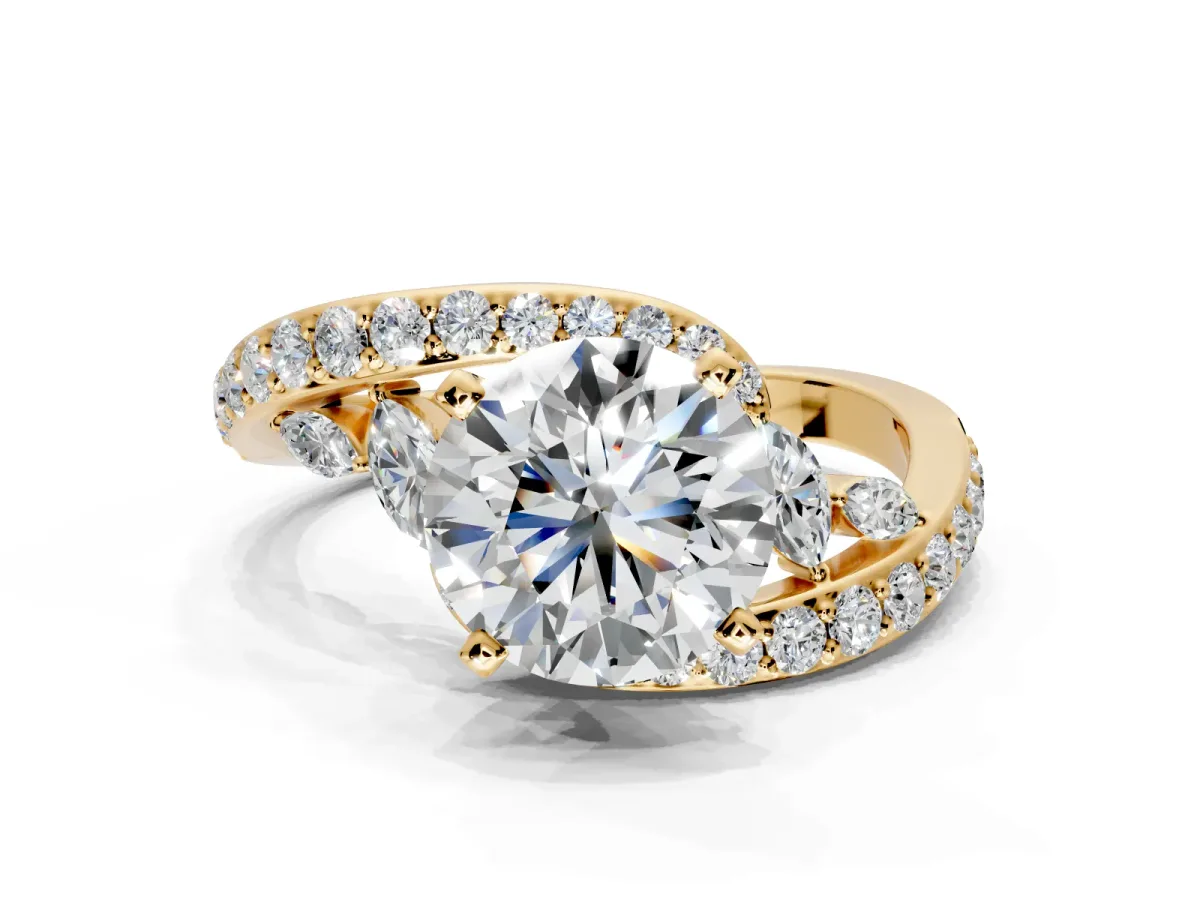 Solitaire Engagement Ring Setting for Round Cut Center with Pave Bypass Twist Band and Prong Head in Yellow Gold