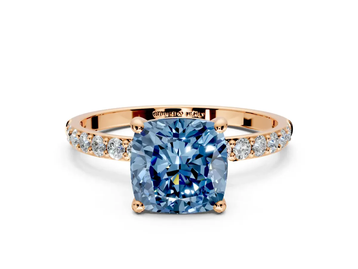 Solitaire Engagement Ring Setting for Fancy Blue Cushion Cut Center with Pave Accents and Prong Head in Rose Gold