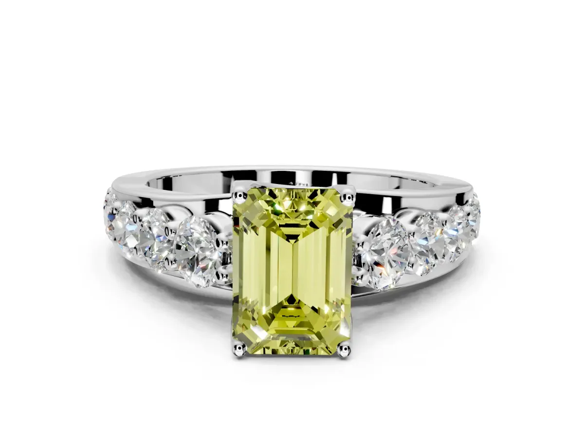 Solitaire Engagement Ring Setting for Fancy Yellow Emerald Cut Center with Graduated Shared Prongs and Prong Head in Platinum