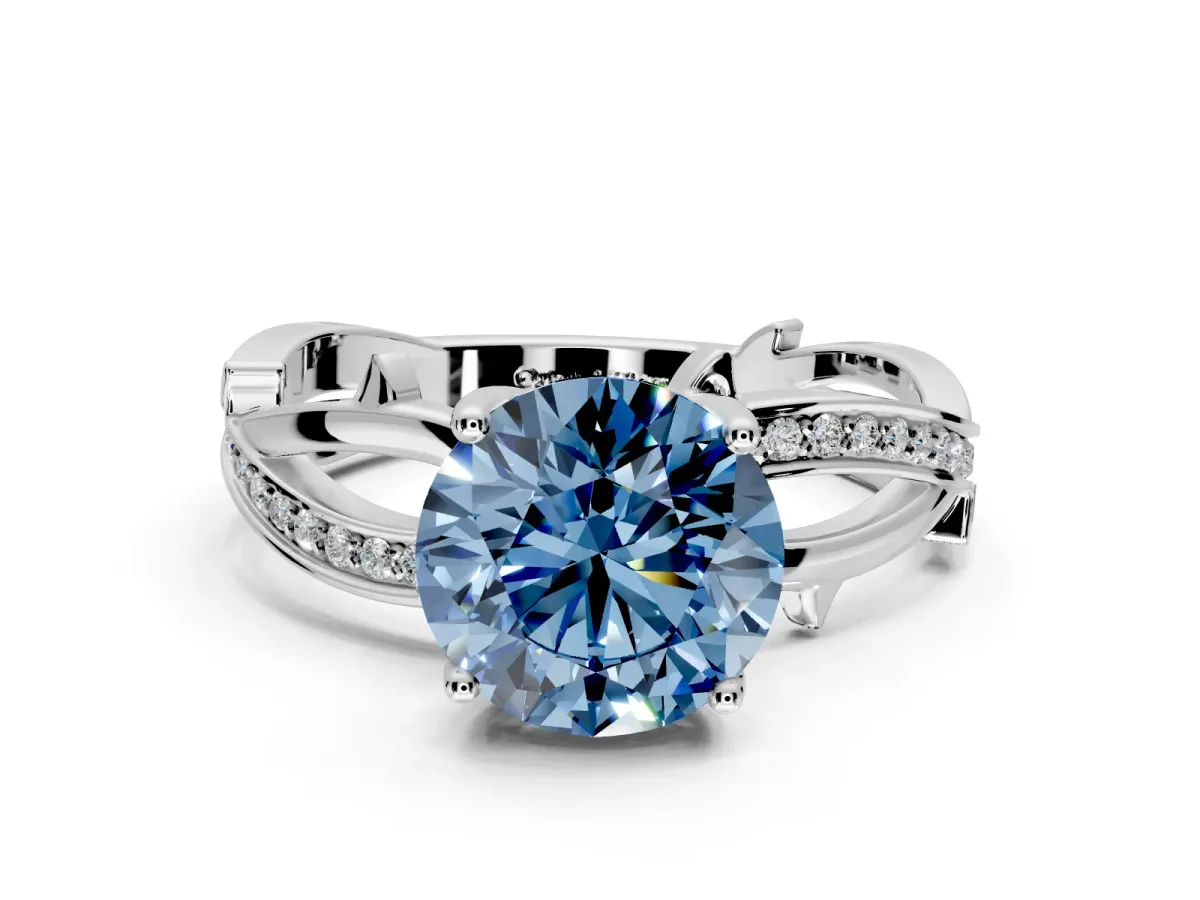 Solitaire Engagement Ring Setting for Fancy Blue Round Cut Center with Pave and Plain Crossover Band and Prong Head in Platinum