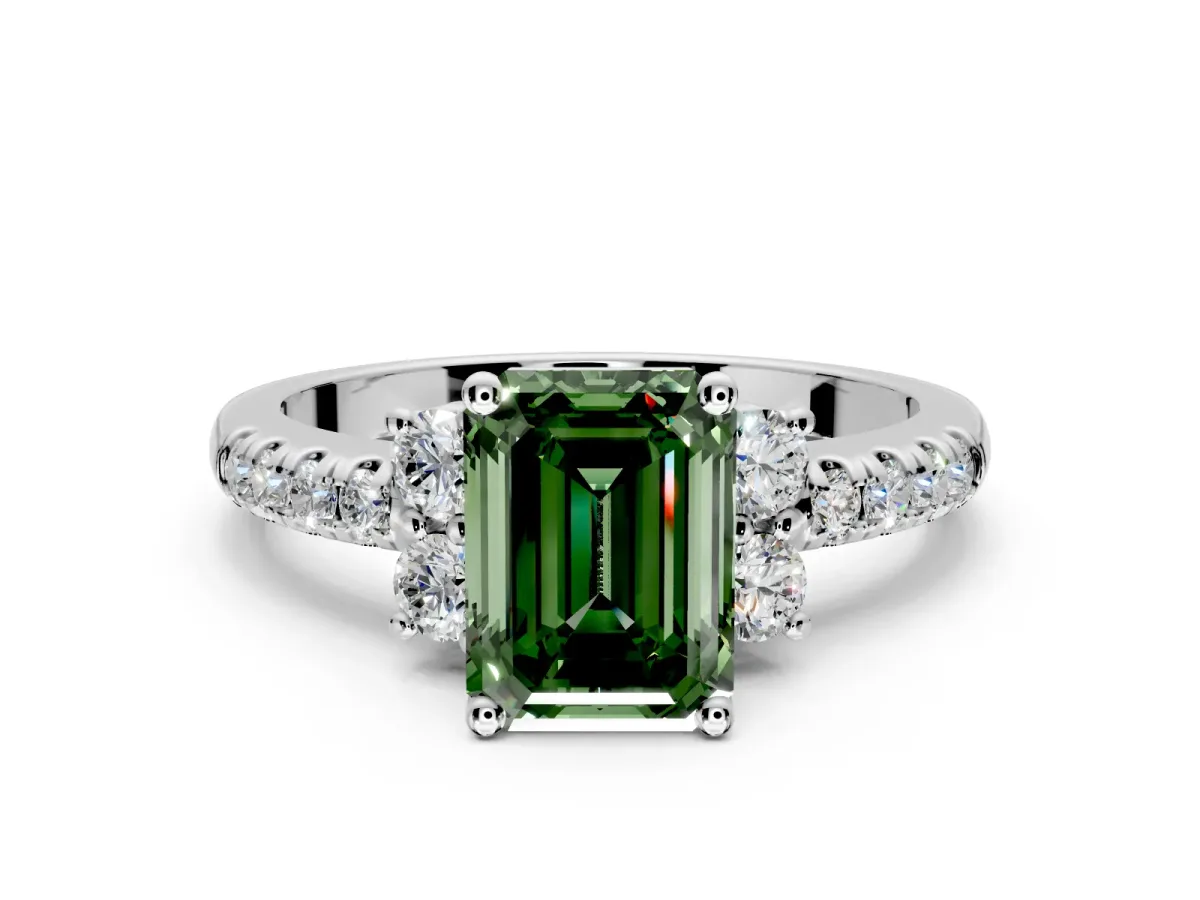 Paired Accent Engagement Ring Setting for Fancy Green Emerald Cut Center with Pave Band and Prong Head in Sterling Silver