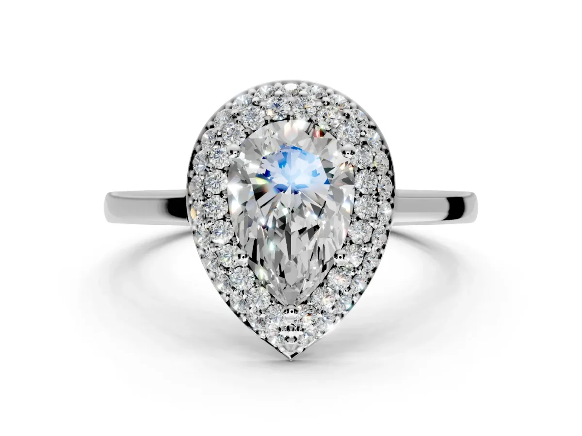 Halo Engagement Ring Setting for Pear-Shaped Center with Plain Tapered Band and Prong Head in Sterling Silver