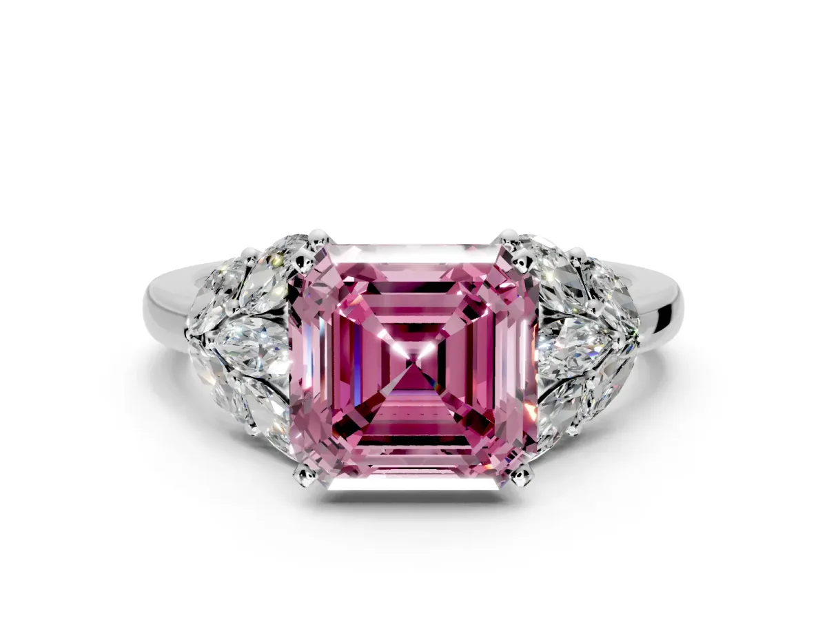 Leaf Cluster Engagement Ring Setting for Fancy Pink Asscher Cut Center with Marquise Accents and Prong Head in White Gold