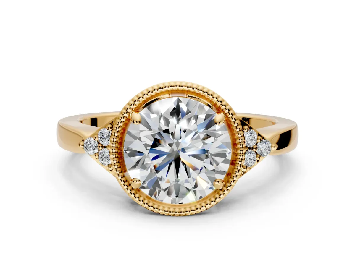 Cluster Engagement Ring Setting for Round Cut Center with Milgrain Shoulder Clusters and Prong Head in Yellow Gold