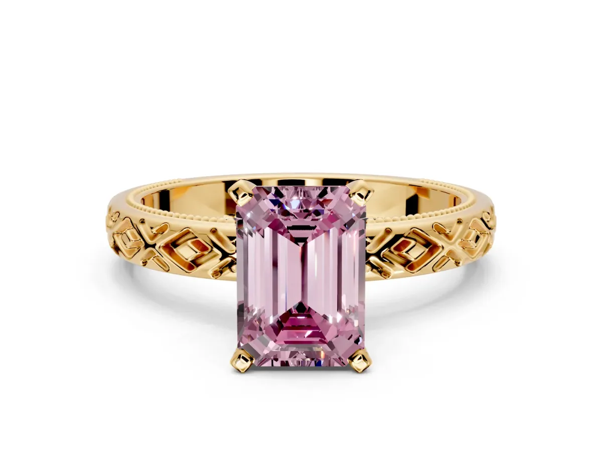 Solitaire Engagement Ring Setting for Fancy Pink Emerald Cut Center with Milgrain X Pattern Band and Prong Head in Yellow Gold