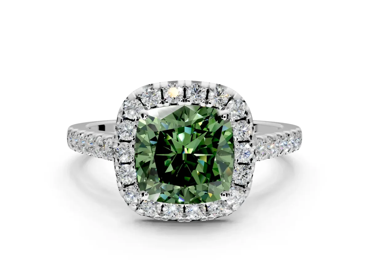 Halo Engagement Ring Setting for Fancy Green Cushion Cut Center with Narrowing Pave Band and Prong Head in Platinum