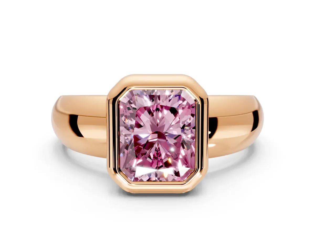Solitaire Engagement Ring Setting for Fancy Pink Radiant Cut Center with Wide Band and Bezel Head in Rose Gold