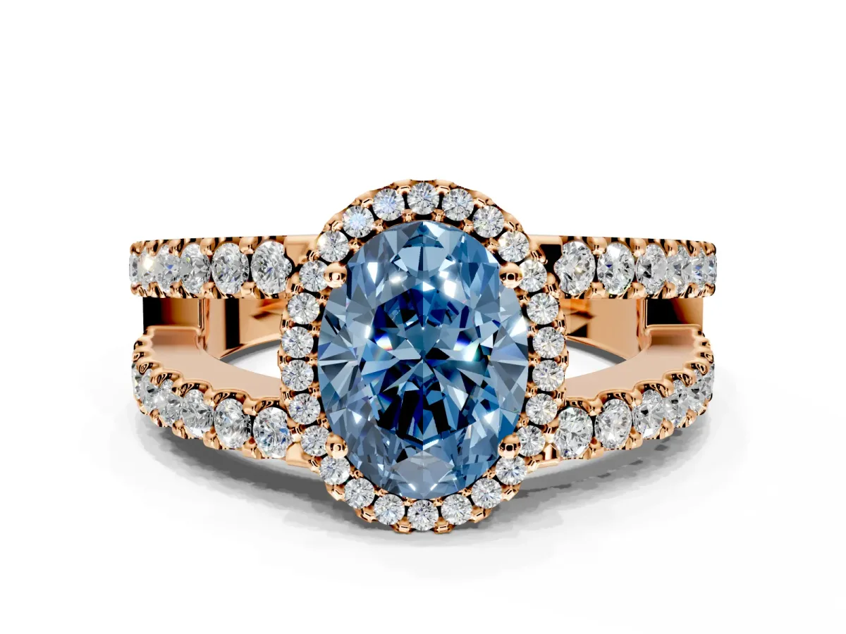 Halo Engagement Ring Setting for Fancy Blue Oval Center with Wide-Open Pave Split Shank and Prong Head in Rose Gold
