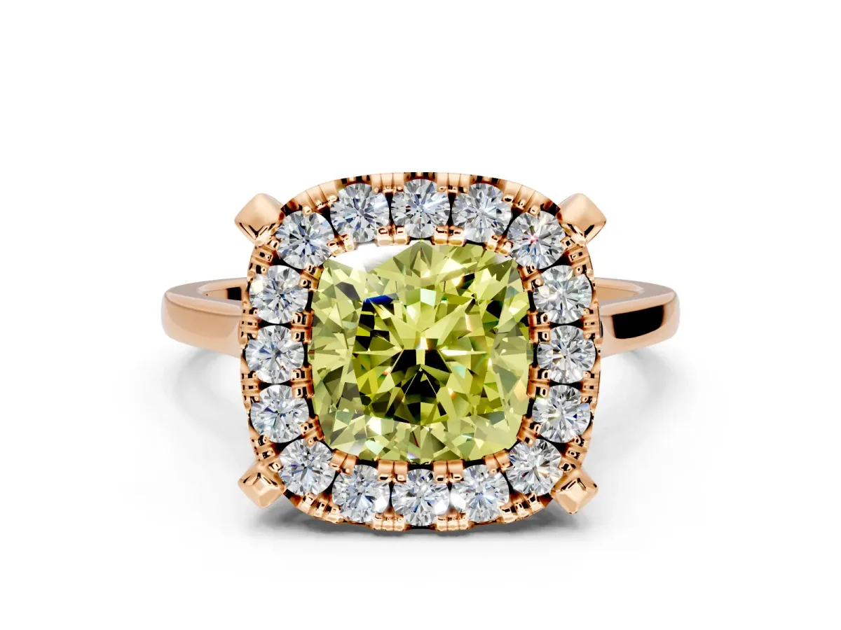 Single Halo Engagement Ring Setting for Fancy Yellow Cushion Cut Center with Corner Claws, Plain Band and Prong Head in Rose Gold