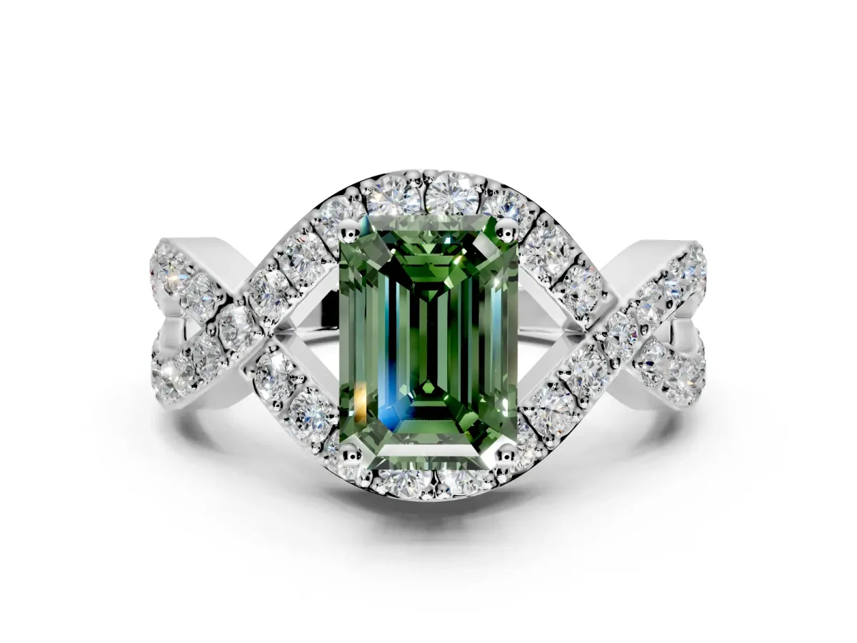 Halo Engagement Ring Setting for Fancy Green Emerald Cut Center with Pave Infinity Twist Band and Prong Head in Platinum