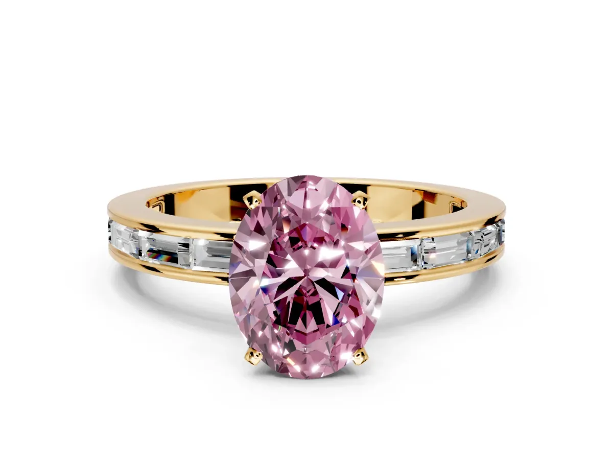 Solitaire Engagement Ring Setting for Fancy Pink Oval Center with Channel Baguette Band and Prong Head in Yellow Gold