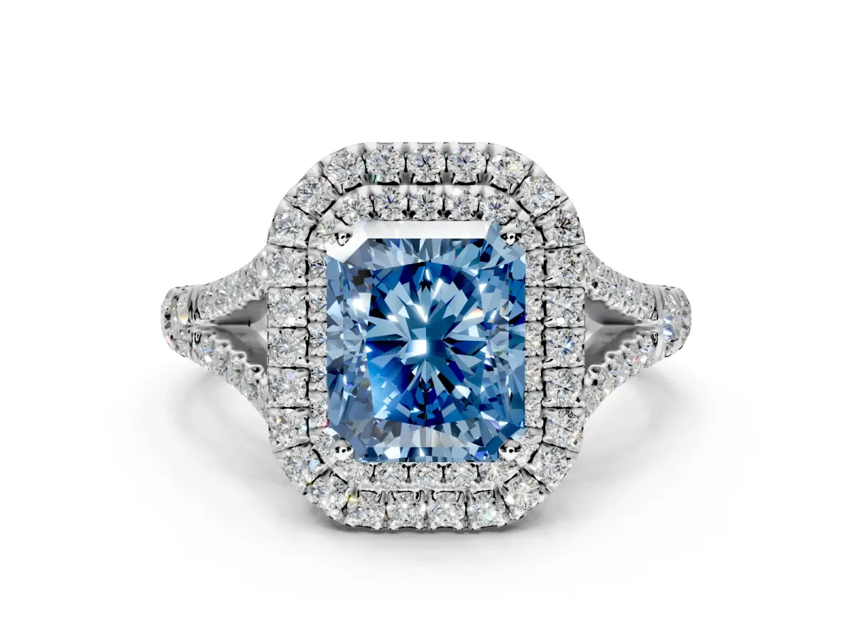 Double Halo Engagement Ring Setting for Fancy Blue Radiant Cut Center with Narrow Pave Split Shank and Prong Head in Platinum