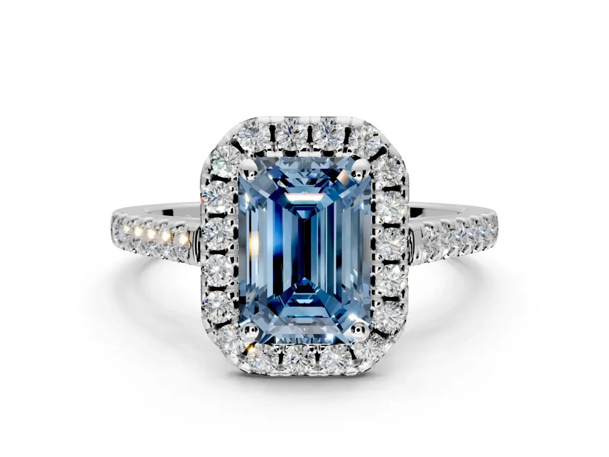 Halo Engagement Ring Setting for Fancy Blue Emerald Cut Center with Raised Halo, Pave Band and Prong Head in Sterling Silver