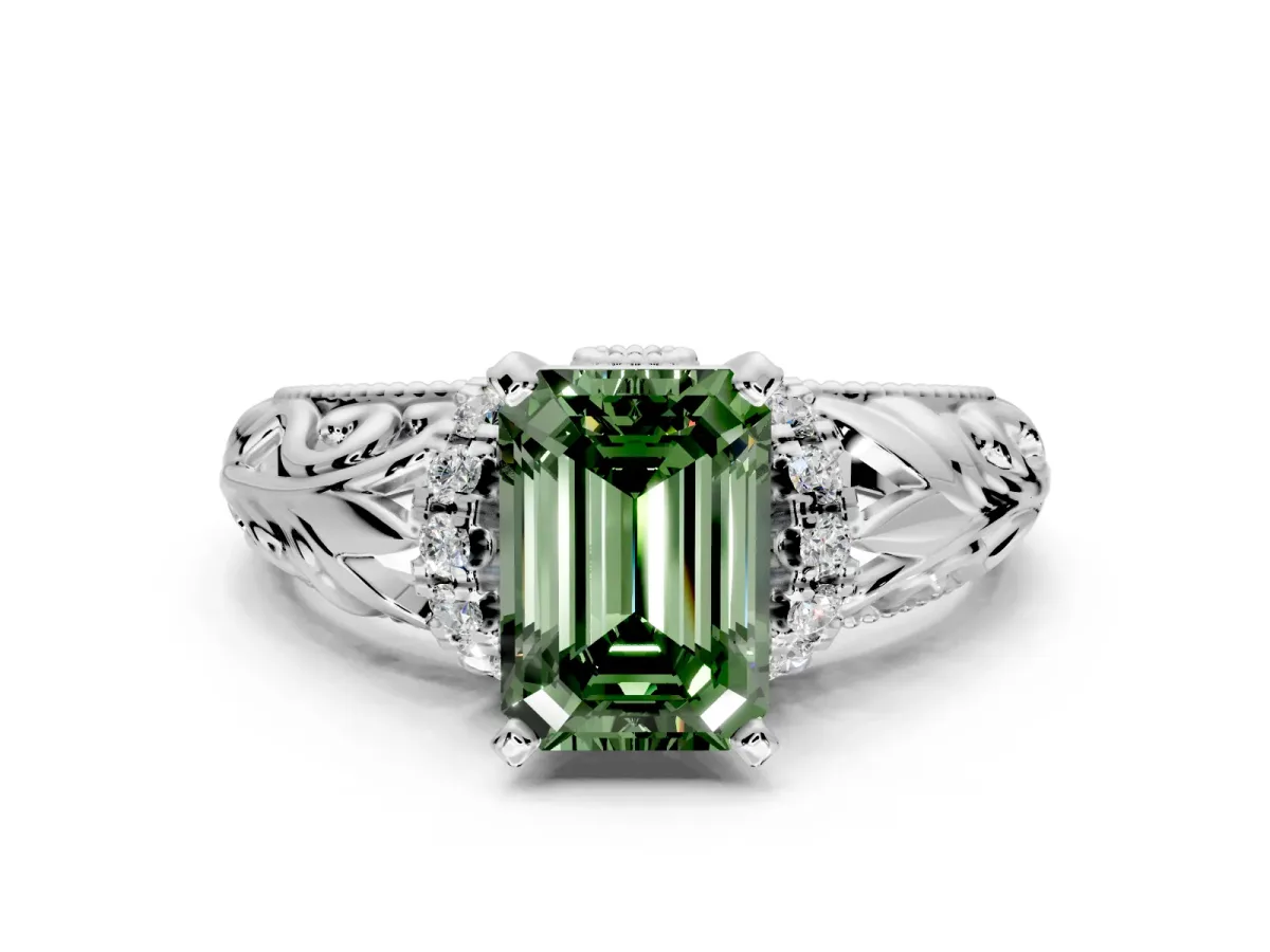 Solitaire Engagement Ring Setting for Fancy Green Emerald Cut Center with Filigree Accent Basket and Prong Head in Platinum