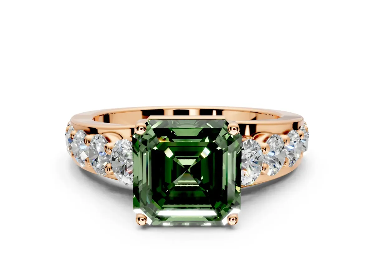 Solitaire Engagement Ring Setting for Fancy Green Asscher Cut Center with Graduated Shared Prongs and Prong Head in Rose Gold