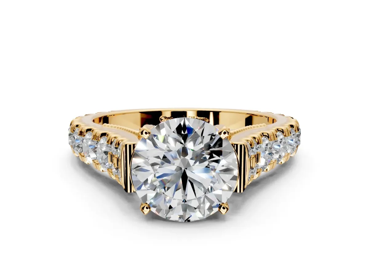 Solitaire Engagement Ring Setting for Round Cut Center with Pave Cathedral Shoulders and Prong Head in Yellow Gold
