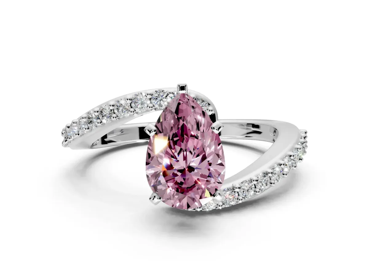 Solitaire Engagement Ring Setting for Fancy Pink Pear-Shaped Center with Pave Bypass Swirl Band and Prong Head in Sterling Silver