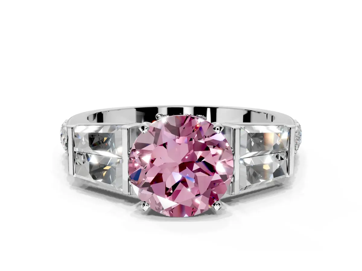 Channel-Set Engagement Ring Setting for Fancy Pink Round Cut Center with Baguette Band and Prong Head in Sterling Silver