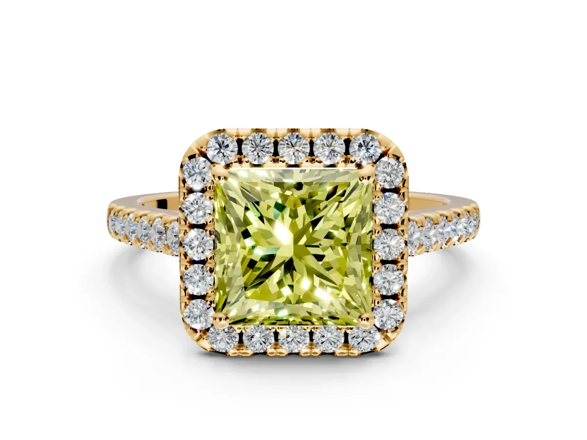 Halo Engagement Ring Setting for Fancy Yellow Princess Cut Center with Narrowing Pave Band and Prong Head in Yellow Gold