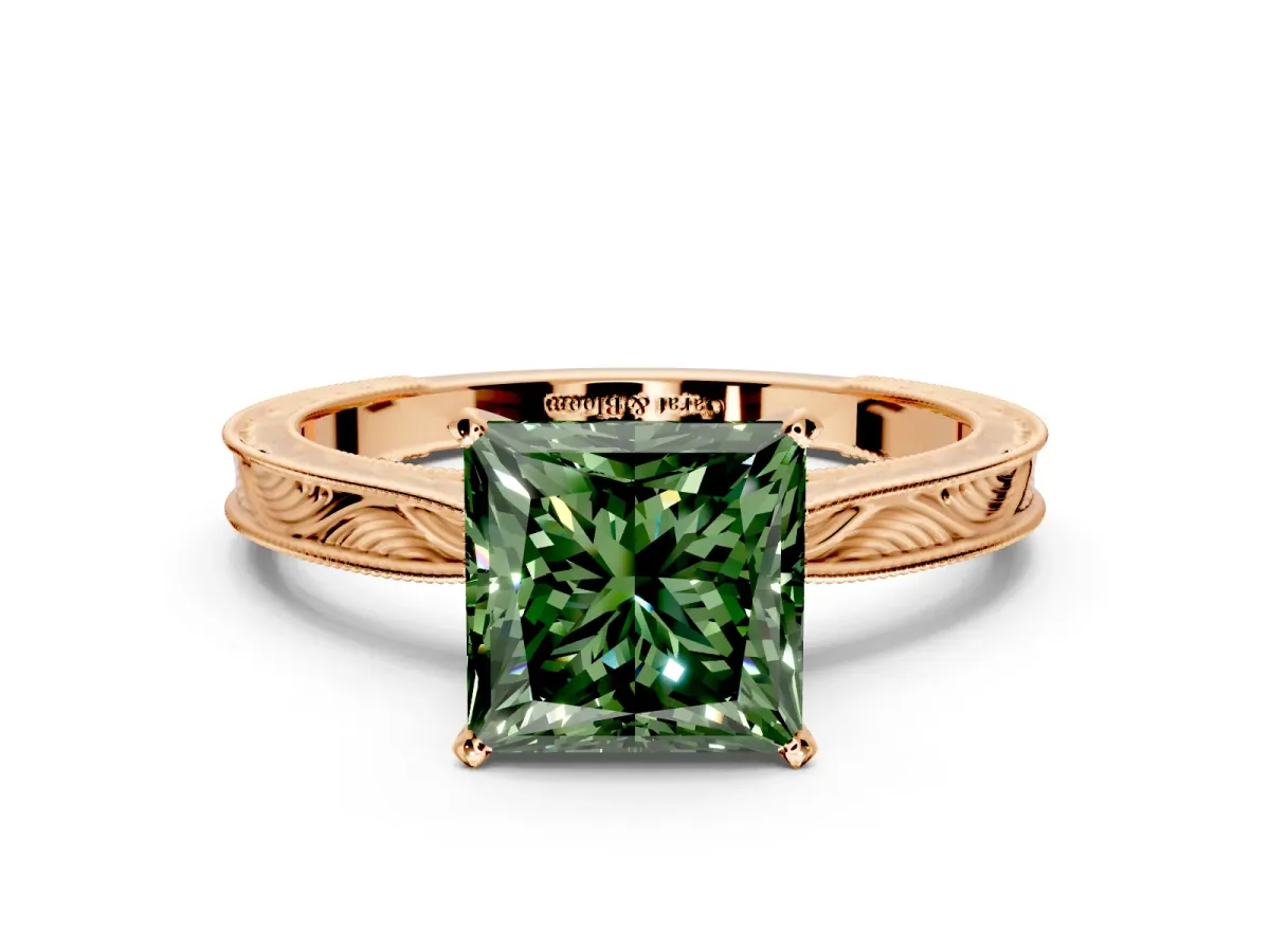 Solitaire Engagement Ring Setting for Fancy Green Princess Cut Center with Engraved Milgrain Band and Prong Head in Rose Gold