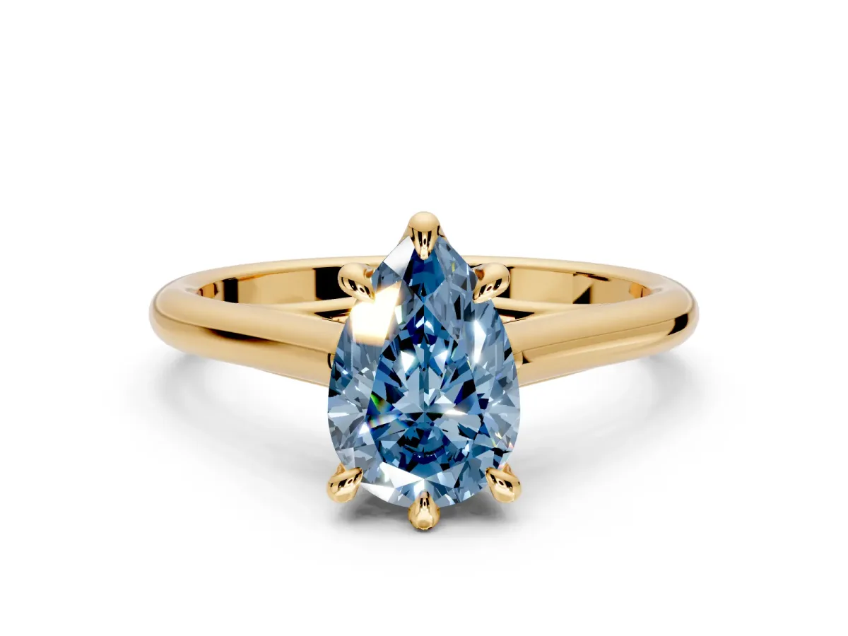Solitaire Engagement Ring Setting for Fancy Blue Pear-Shaped Center with Cathedral Band and Prong Head in Yellow Gold