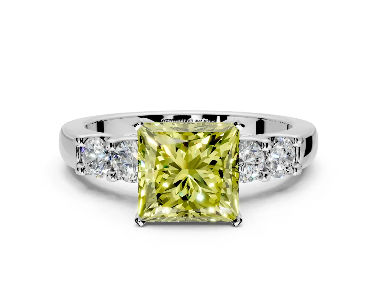 5 Stone Engagement Ring Setting for Fancy Yellow Princess Cut Center with Plain Band and Prong Head in Sterling Silver