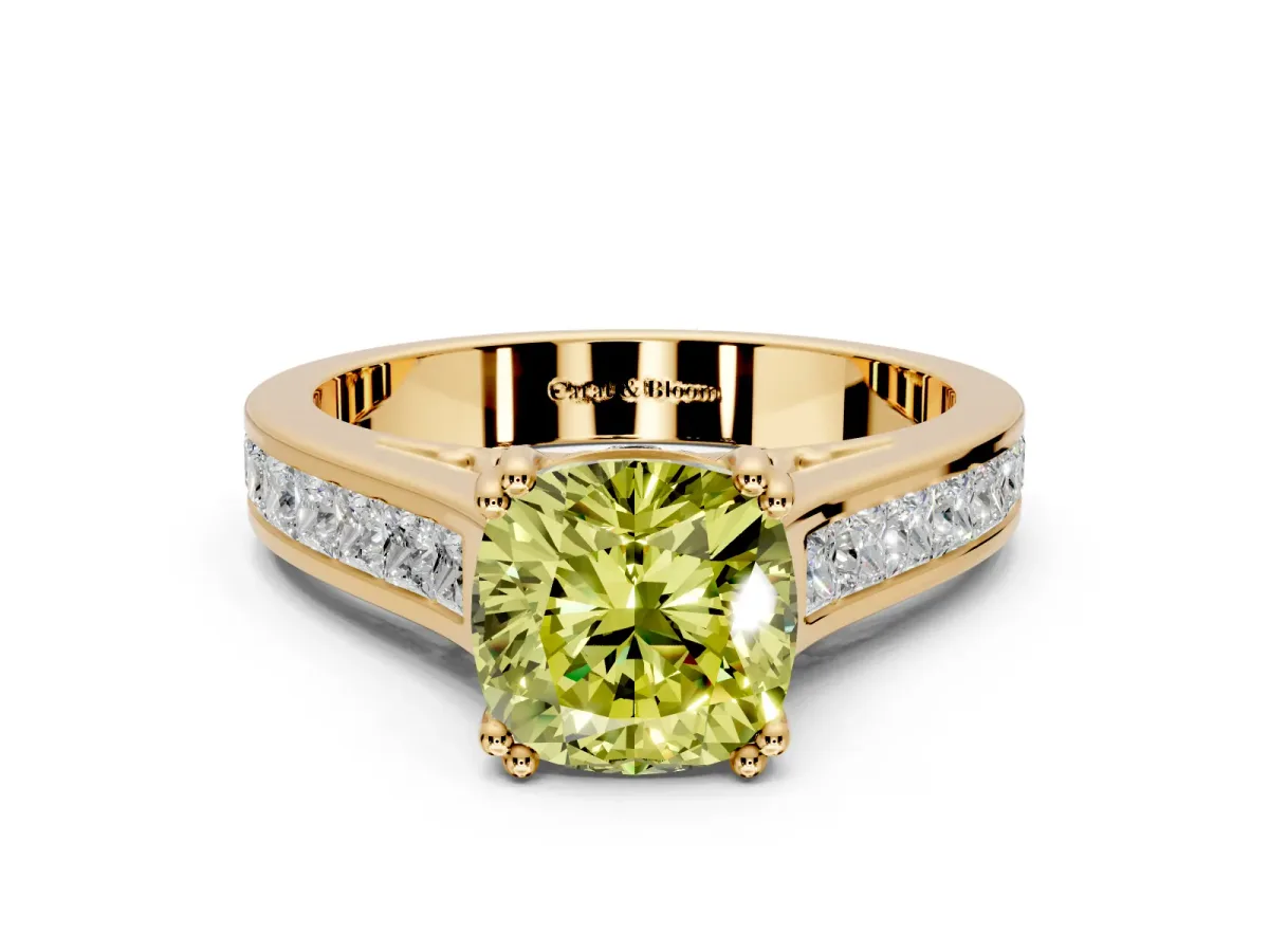Solitaire Engagement Ring Setting for Fancy Yellow Cushion Cut Center with Channel Band and Double Claw Prong Head in Yellow Gold