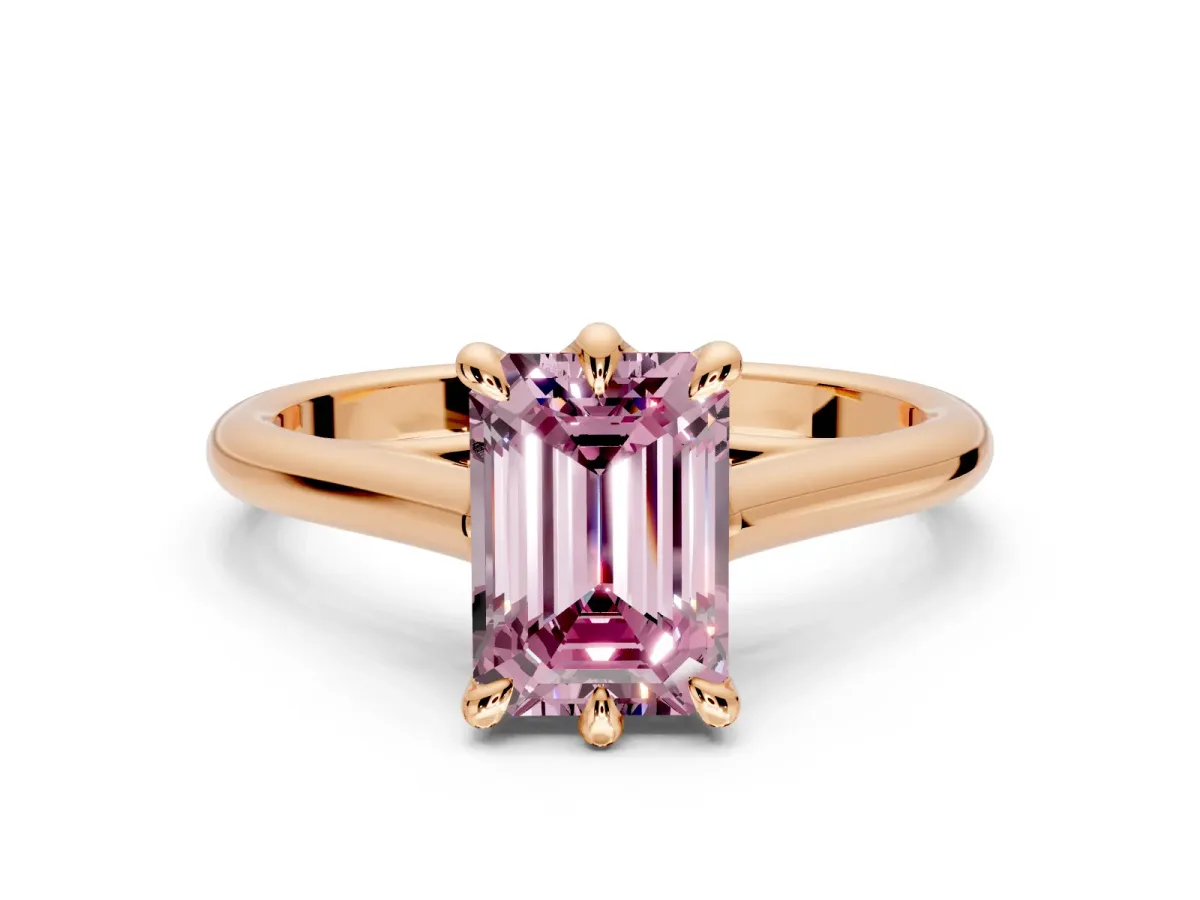 Solitaire Engagement Ring Setting for Fancy Pink Emerald Cut Center with Cathedral Band and Prong Head in Rose Gold
