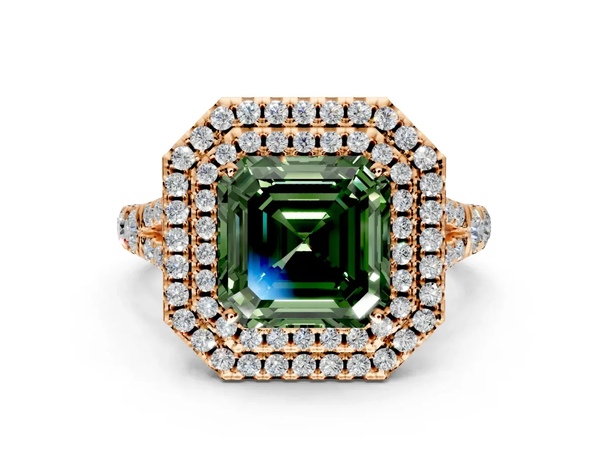 Double Halo Engagement Ring Setting for Fancy Green Asscher Cut Center with Narrow Pave Split Shank and Prong Head in Rose Gold