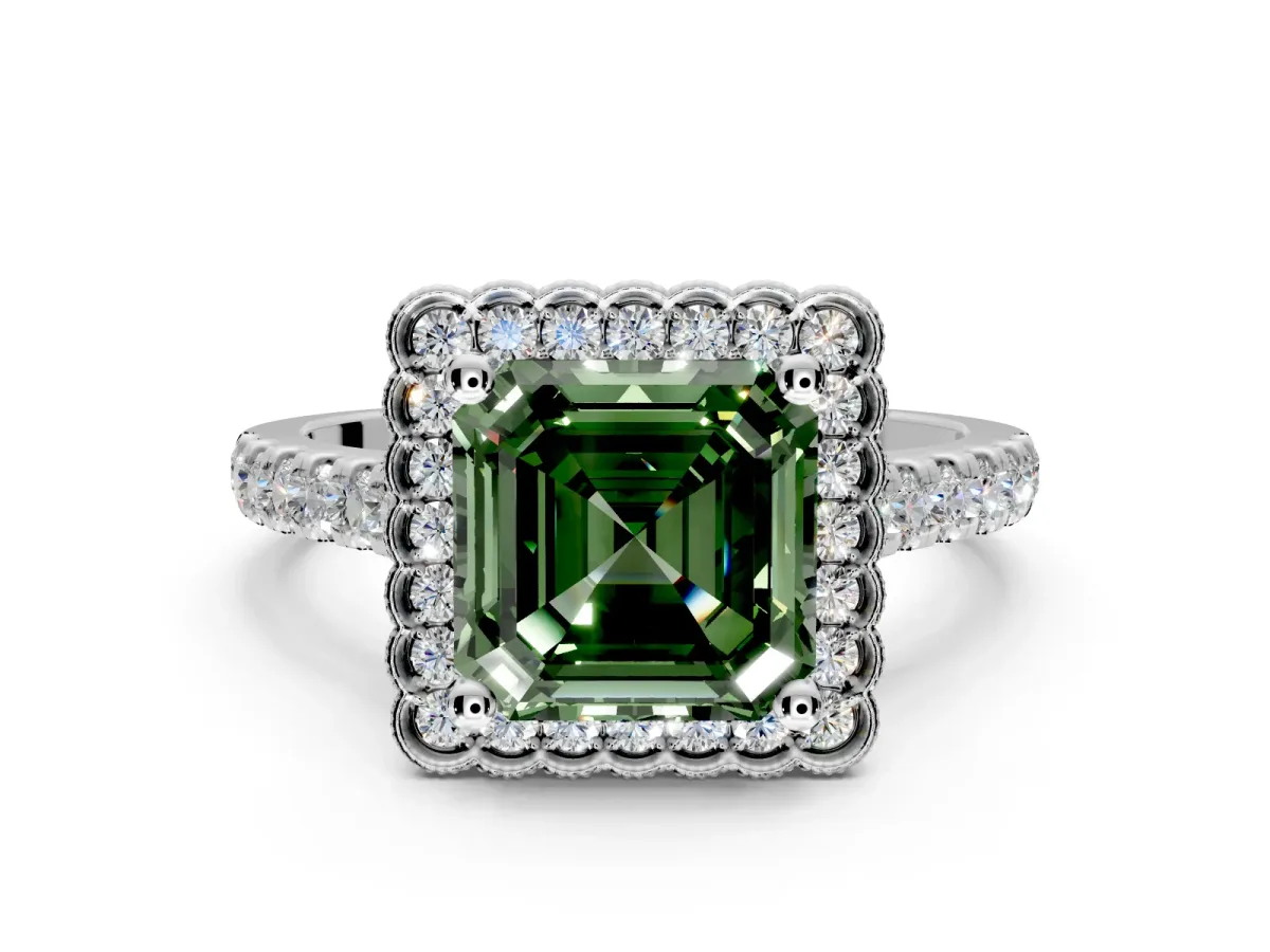 Milgrain Floral Halo Engagement Ring Setting for Fancy Green Asscher Cut Center with Pave Band and Prong Head in Platinum