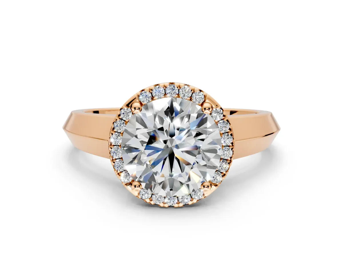 Halo Engagement Ring Setting for Round Cut Center with Knife Ridge Cathedral Band and Prong Head in Rose Gold