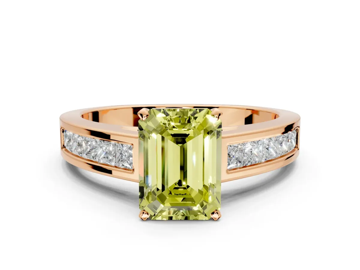 Solitaire Engagement Ring Setting for Fancy Yellow Emerald Cut Center with Princess Cut Channel Band and Prong Head in Rose Gold