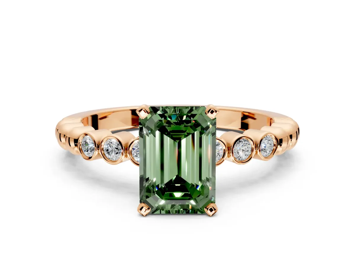 Solitaire Engagement Ring Setting for Fancy Green Emerald Cut Center with Bezel-Dot Beaded Band and Prong Head in Rose Gold