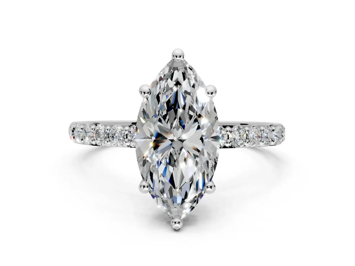 Solitaire Engagement Ring Setting for Marquise Center with Pave Accents and Prong Head in White Gold