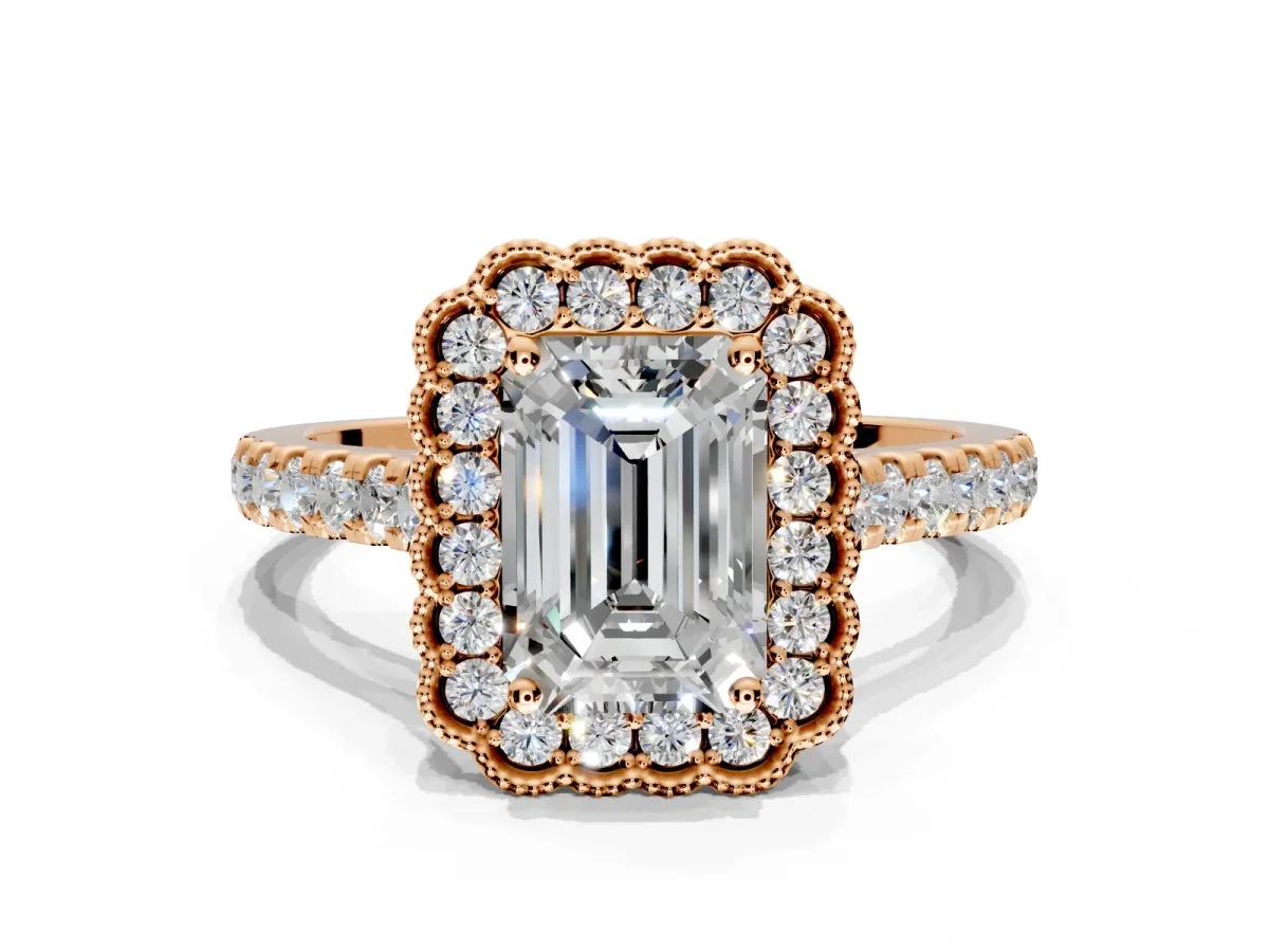 Milgrain Floral Halo Engagement Ring Setting for Emerald Cut Center with Pave Band and Prong Head in Rose Gold
