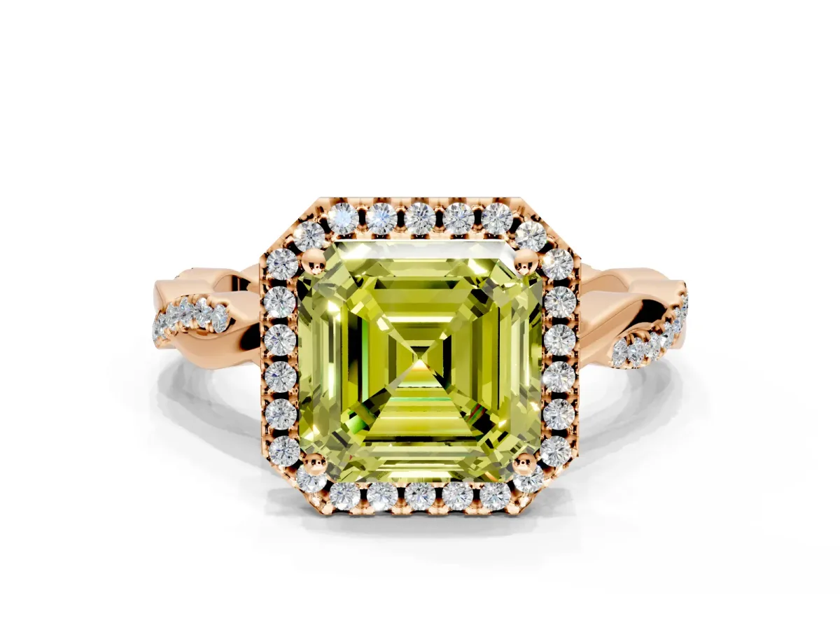 Halo Engagement Ring Setting for Fancy Yellow Asscher Cut Center with Pave and Plain Twist Band and Prong Head in Rose Gold