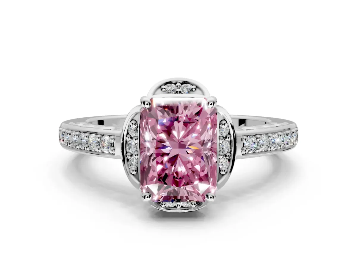Floral Engagement Ring Setting for Fancy Pink Radiant Cut Center with Four Accent Clusters and Prong Head in Sterling Silver