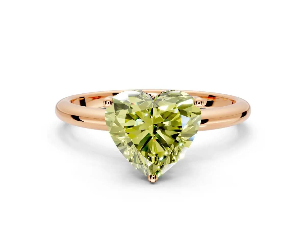 Hidden Halo Engagement Ring Setting for Fancy Yellow Heart-Shaped Center with Thin Round-Wire Band and Prong Head in Rose Gold