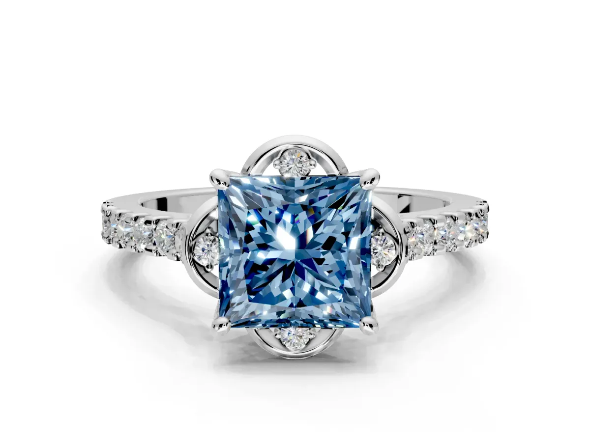 Floral Engagement Ring Setting for Fancy Blue Princess Cut Center with Pave Band and Floral Prong Head in White Gold