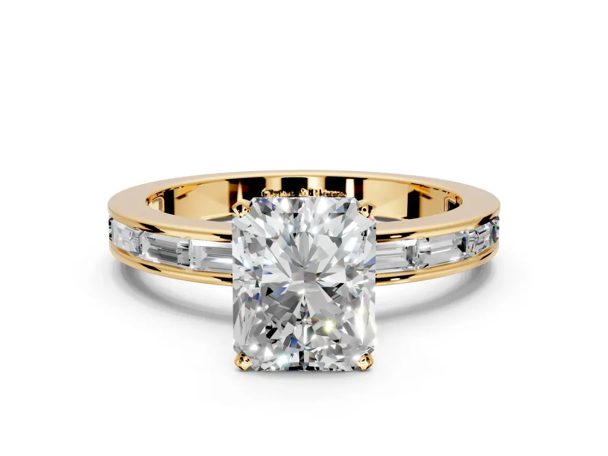 Solitaire Engagement Ring Setting for Radiant Cut Center with Channel Baguette Band and Prong Head in Yellow Gold