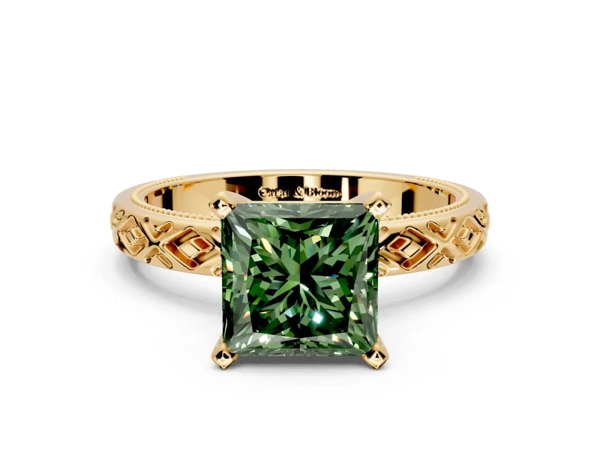 Solitaire Engagement Ring Setting for Fancy Green Princess Cut Center with Milgrain X Pattern Band and Prong Head in Yellow Gold