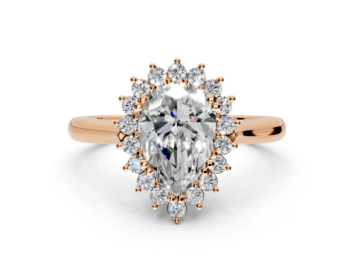 Starburst Halo Engagement Ring Setting for Pear-Shaped Center with Thin Round-Wire Band and Prong Head in Rose Gold