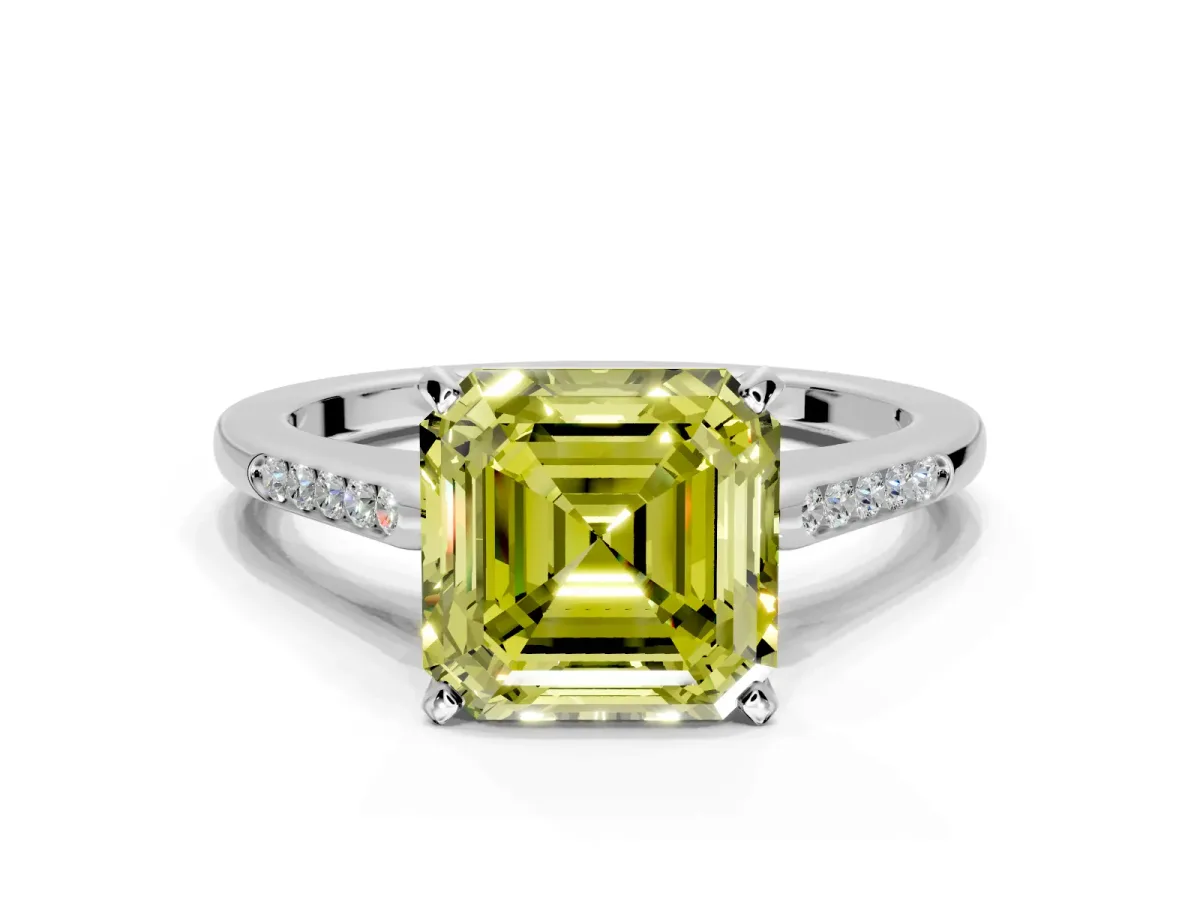 Solitaire Engagement Ring Setting for Fancy Yellow Asscher Cut Center with Channel Accents and Prong Head in Sterling Silver