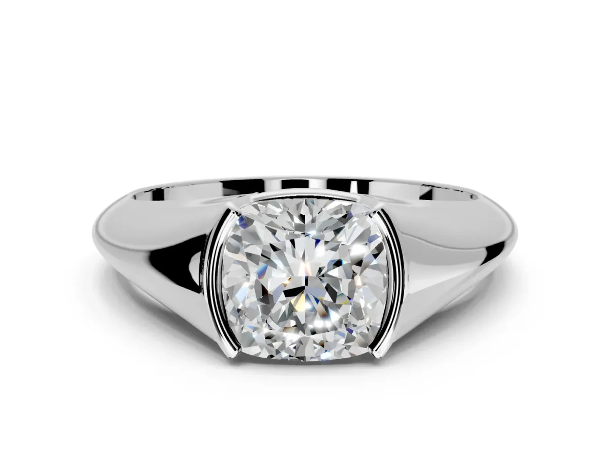 Tension Engagement Ring Setting for Cushion Cut Center with Wide Tapered Band and Tension Head in Platinum
