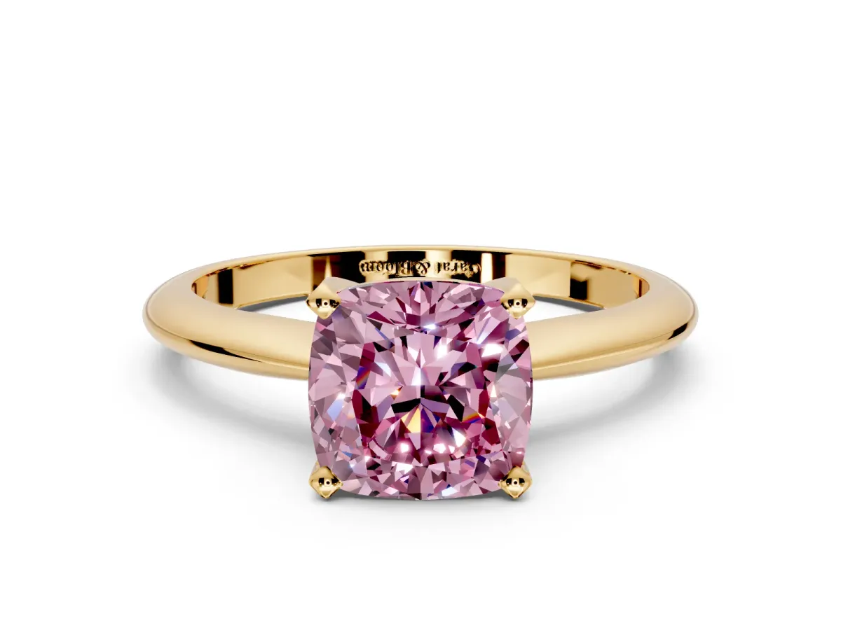 Solitaire Engagement Ring Setting for Fancy Pink Cushion Cut Center with Knife Ridge Band and Claw Prong Head in Yellow Gold